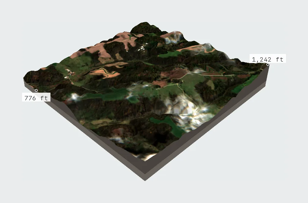 3D terrain of the Driftless Area, Wisconsin, with fall satellite imagery draped over it