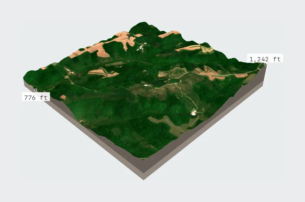 3D terrain of the Driftless Area, Wisconsin, with spring satellite imagery draped over it