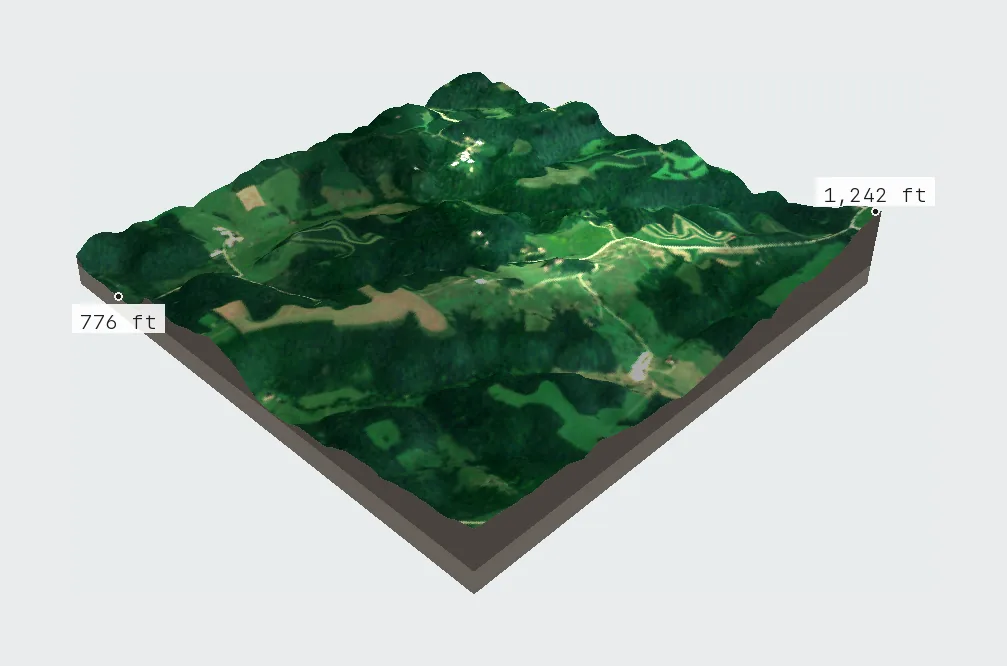 3D terrain of the Driftless Area, Wisconsin, with summer satellite imagery draped over it